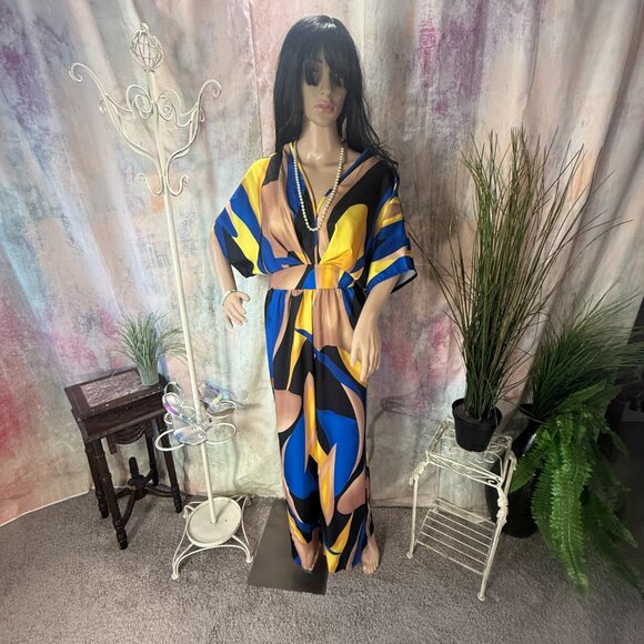 NWOT ๐Maweii Well Fitted Abstract Print Batwing Sleeve Wide Leg Jumpsuit - Picture 1 of 15